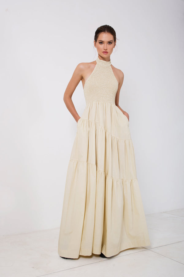 Shirred Halterneck Tiered Maxi Dress