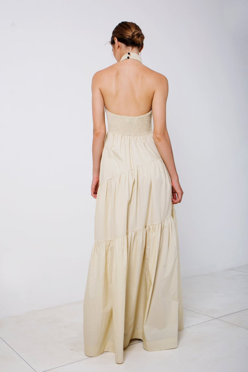 Shirred Halterneck Tiered Maxi Dress