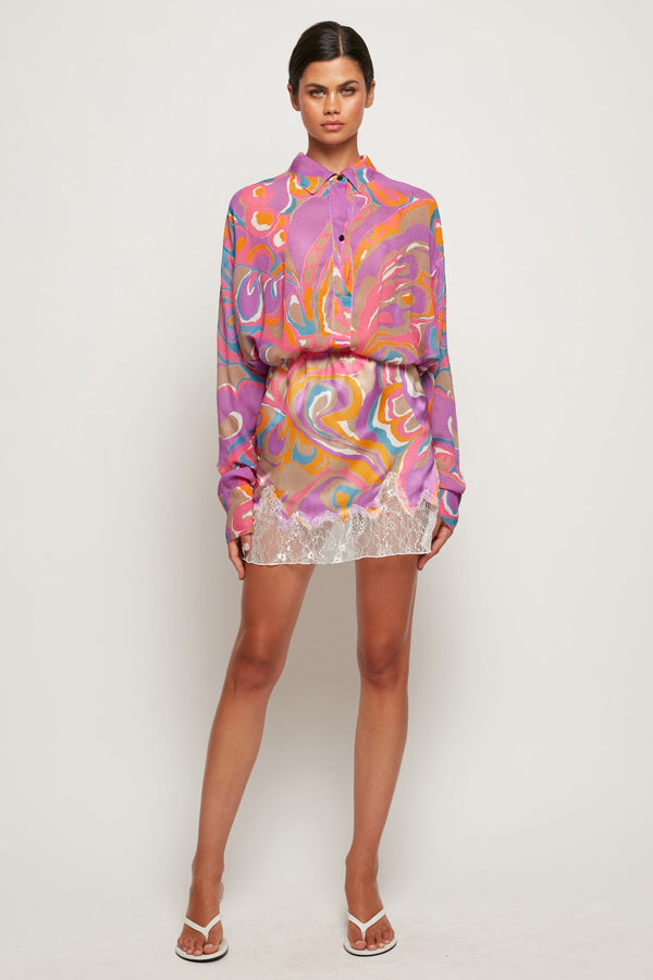 Sheer Oversized Shirt | Lace Trim Satin Mini