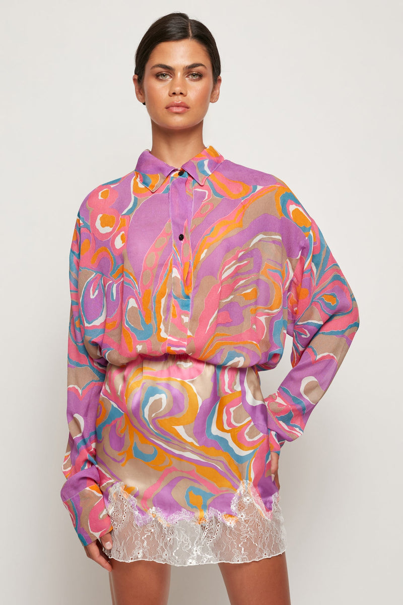 Sheer Oversized Shirt | Lace Trim Satin Mini