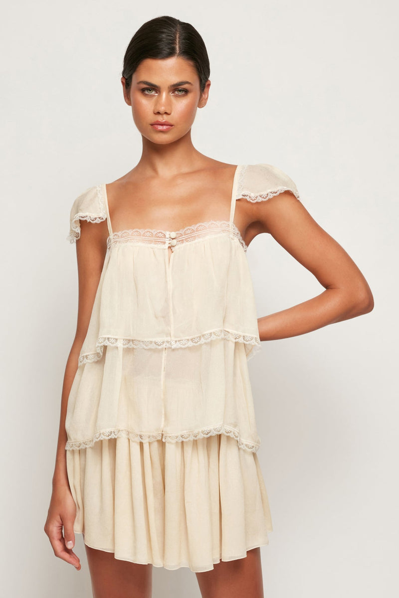 Lace Trim Babydoll Top | Pleated Flounce Mini Shorts