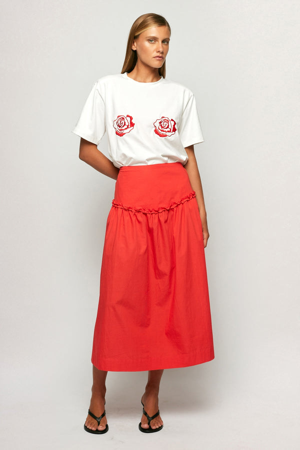 Rose Statement Tee | High Waisted Gathered Midi