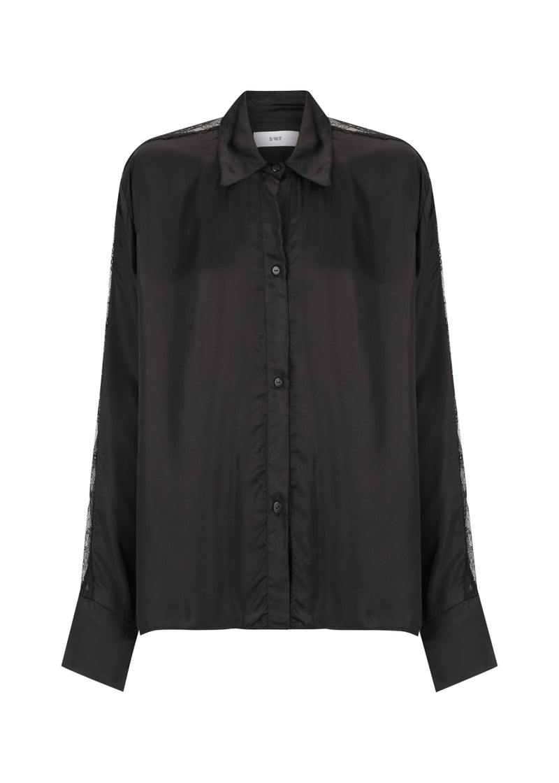 Button-Up Satin Lace Panel Top | Wide-Leg Satin Lace Panel Pant